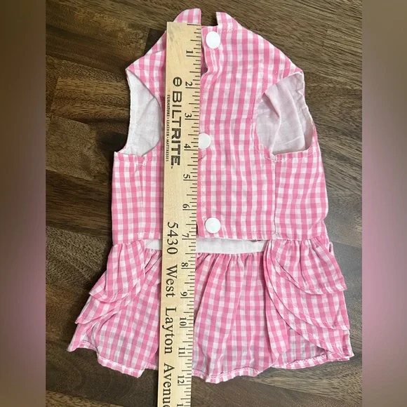 PET DOG CAT DRESS SIZE M PINK WHITE CHECKERED BOW SNAPS - Picture 2 of 4